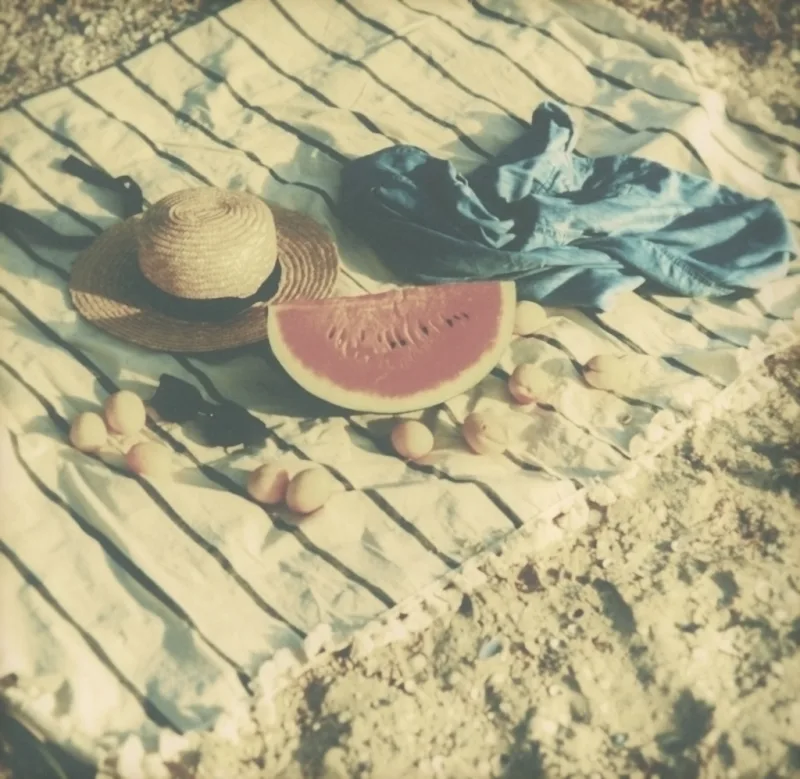 A striped blanket on a beach with a straw hat and a slice of watermelon, on Foxing film
