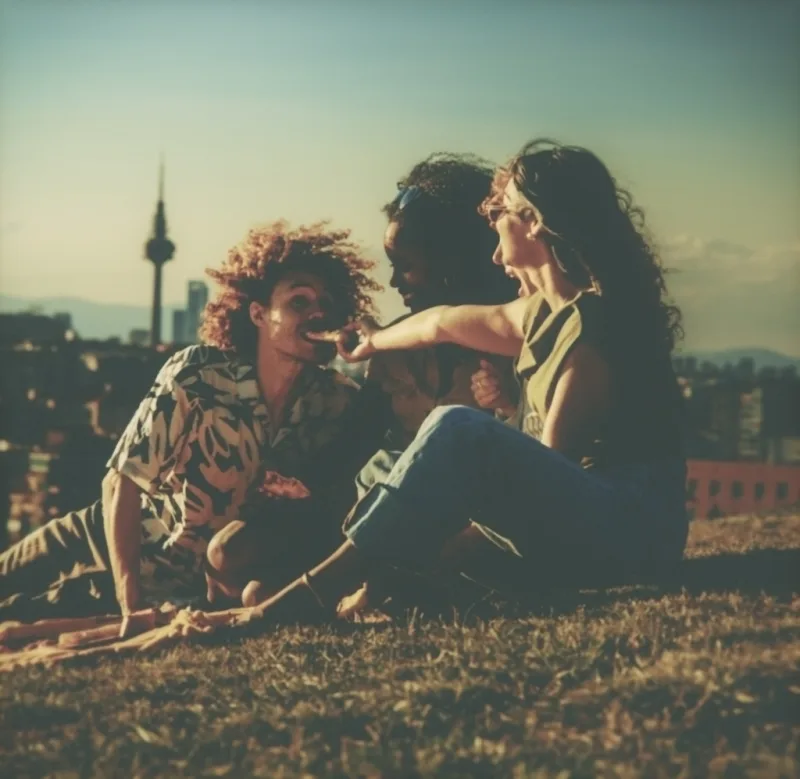 Three friends on a hill in the last light, arriving as an instant print
