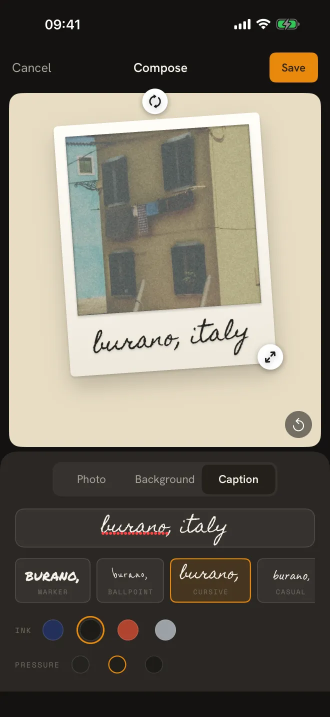 The Compose screen: the print sits on a paper-colored canvas with handles to turn and resize it, and a caption written along the border