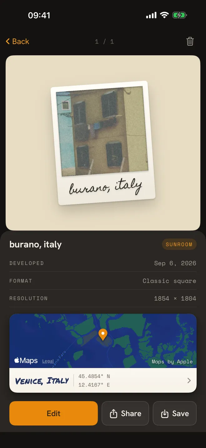 A finished print in the app with its film, date, format and the place it was taken, above Share and Save buttons